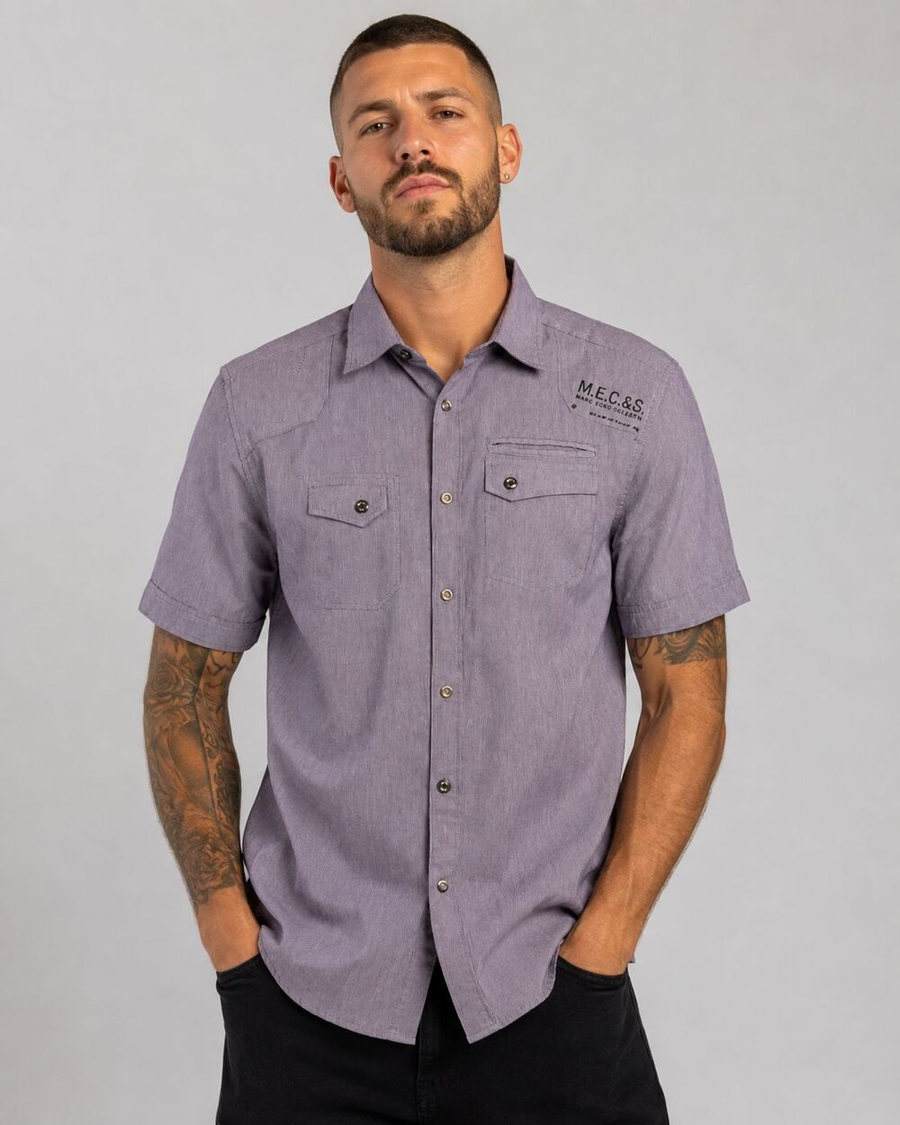 Marc Ecko Cut & Sew Mens L Gray Stripe Short Sleeve Button Up Y2K NWT